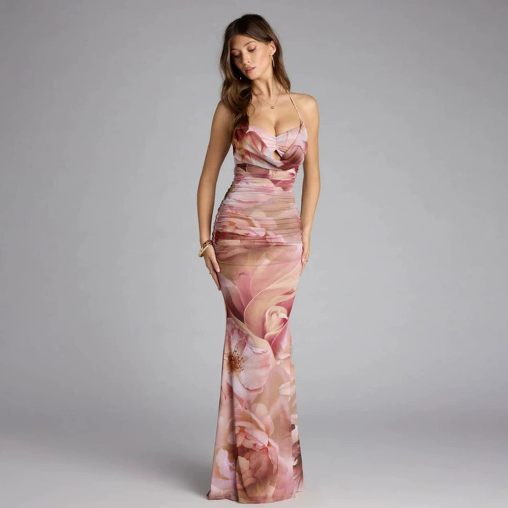 ZARA Floral Halter Mermaid Cutout Print Maxi Dress